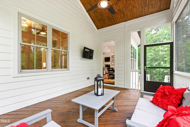 197 Boxwood Dr, Pittsboro, NC 27312 - sunroom / solarium featuring wood ceiling, vaulted ceiling, ceiling fan, wood finished floors, and a deck