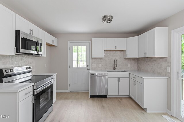 kitchen with a sink, light wood-style floors, stainless steel appliances, light countertops, and a wealth of natural light