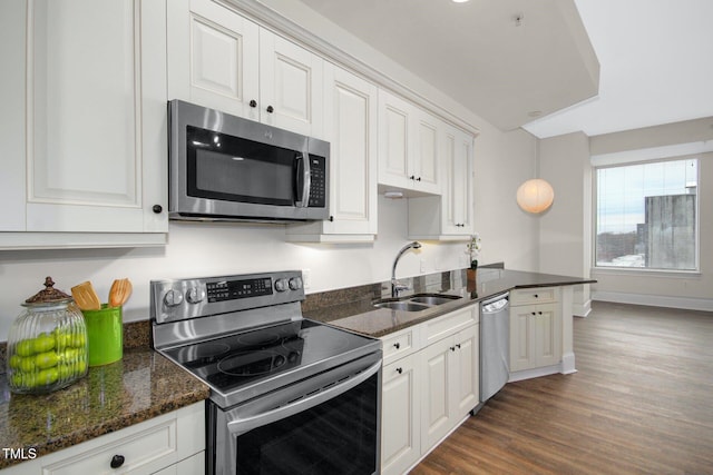 kitchen featuring a sink, dark wood finished floors, white cabinetry, and stainless steel appliances