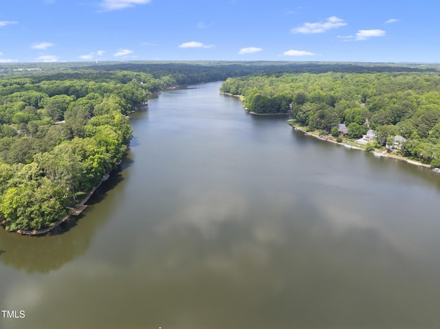 birds eye view of property with a water view and a view of trees