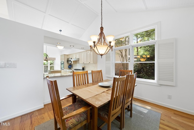 dining room with light wood-type flooring, a chandelier, and a healthy amount of sunlight