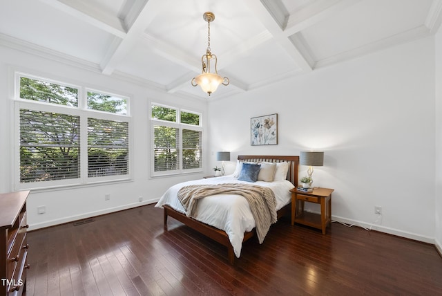 bedroom featuring visible vents, dark wood finished floors, baseboards, beamed ceiling, and coffered ceiling