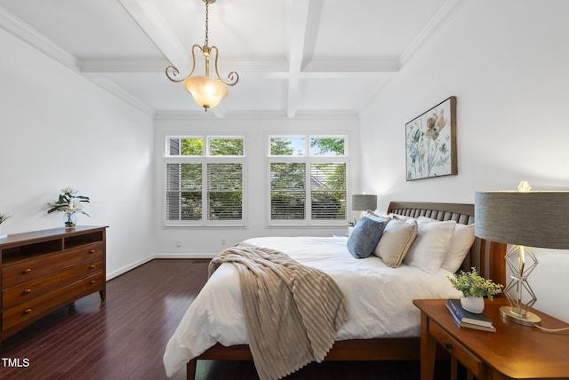 bedroom with wood finished floors, baseboards, beamed ceiling, ornamental molding, and coffered ceiling