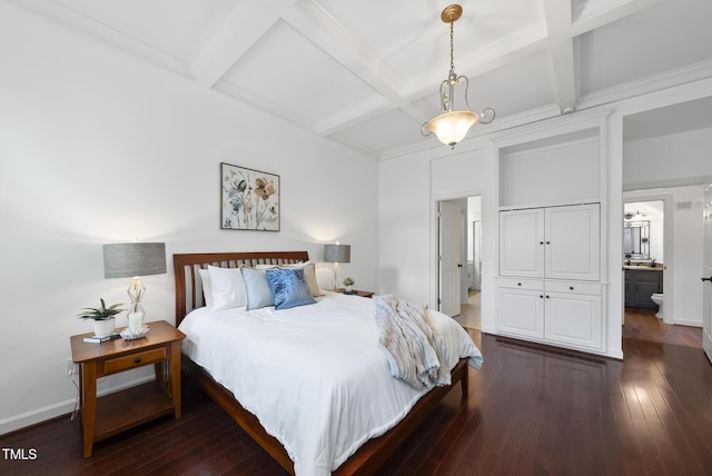 bedroom with connected bathroom, wood-type flooring, baseboards, beamed ceiling, and coffered ceiling