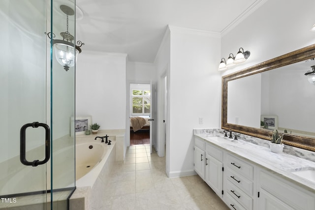 bathroom with a sink, double vanity, ensuite bathroom, ornamental molding, and a garden tub