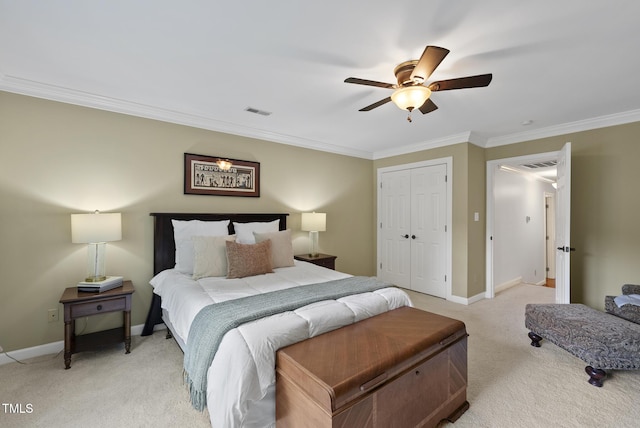 bedroom featuring crown molding, baseboards, light carpet, and visible vents