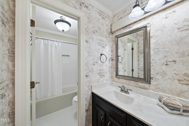 bathroom with crown molding, shower / bath combo, vanity, toilet, and wallpapered walls