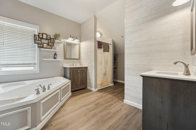 bathroom featuring a sink, wood walls, wood finished floors, and two vanities