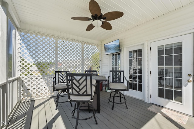 sunroom / solarium with ceiling fan, a healthy amount of sunlight, and outdoor dining space