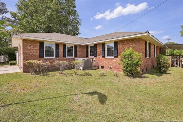 single story home with brick siding, central air condition unit, crawl space, and a front lawn