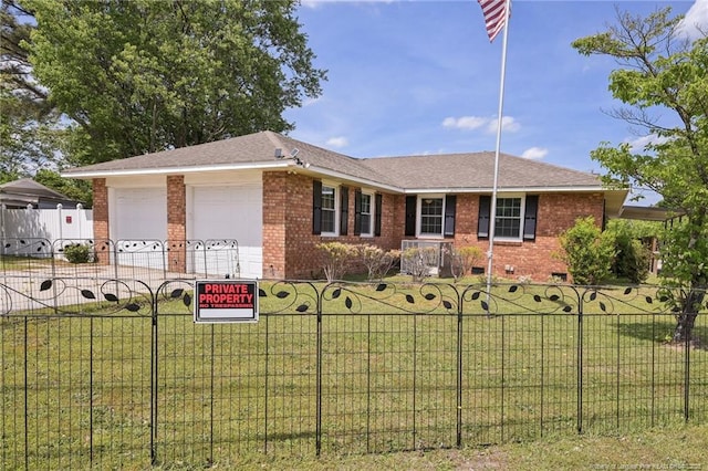 ranch-style house with brick siding, fence, driveway, and a garage