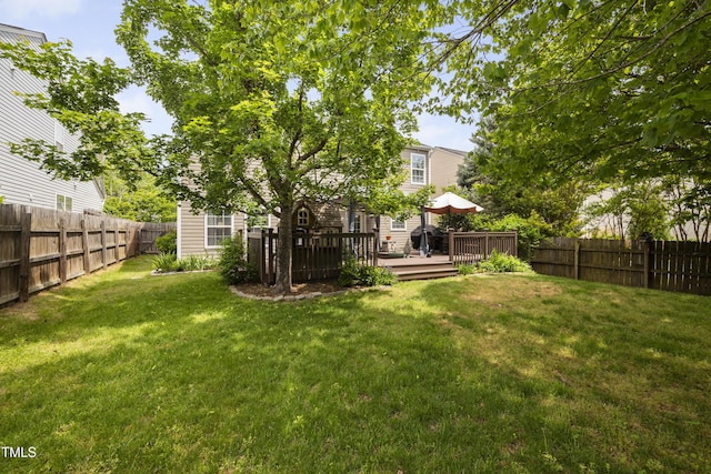 view of yard featuring a fenced backyard and a deck