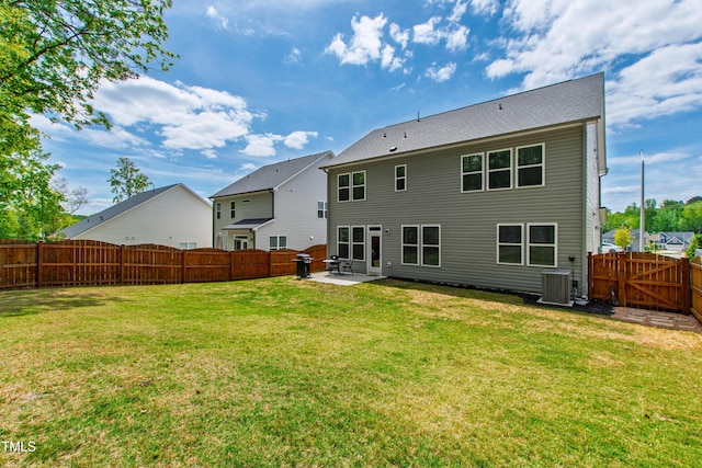 303 Forestview Crest Way, Fuquay Varina, NC 27526 - rear view of property with a fenced backyard, a gate, central AC unit, a patio area, and a yard