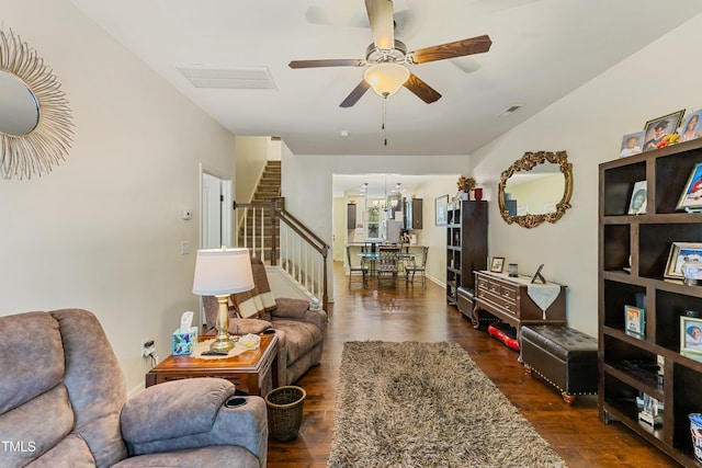 106 Churment Ct, Durham, NC 27703 - living area featuring a ceiling fan, visible vents, dark wood-style floors, and stairway