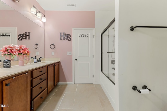 106 Churment Ct, Durham, NC 27703 - full bath featuring enclosed tub / shower combo, vanity, tile patterned floors, and visible vents