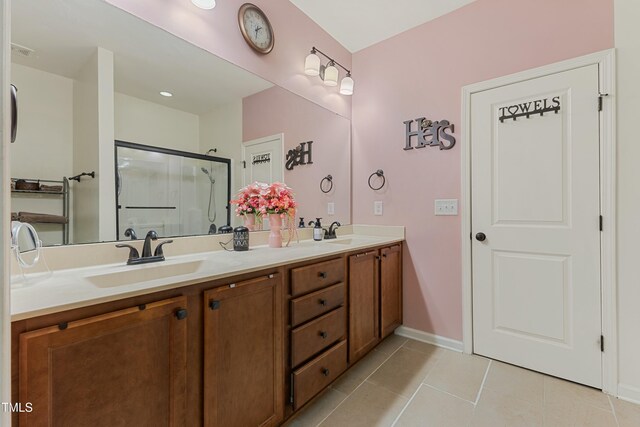 106 Churment Ct, Durham, NC 27703 - bathroom featuring double vanity, a shower stall, tile patterned flooring, and a sink