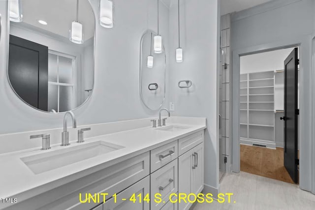 full bath featuring a sink, visible vents, double vanity, and a spacious closet