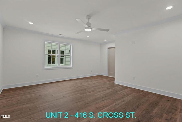 unfurnished room with baseboards, a ceiling fan, dark wood-style floors, and recessed lighting