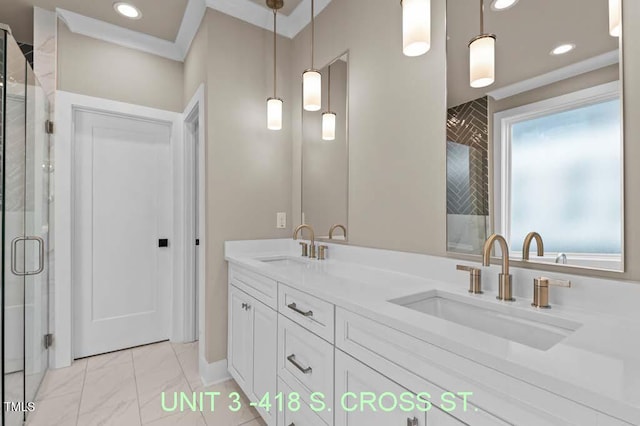 full bathroom featuring double vanity, a sink, marble finish floor, and a stall shower