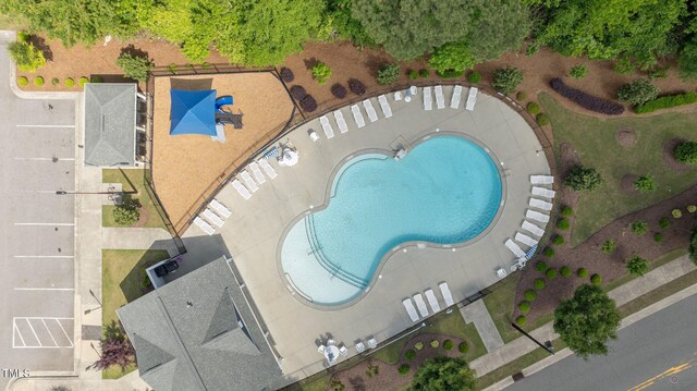 aerial view of a pool area