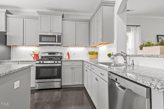 kitchen with appliances with stainless steel finishes, a sink, dark wood-type flooring, light stone countertops, and ornamental molding