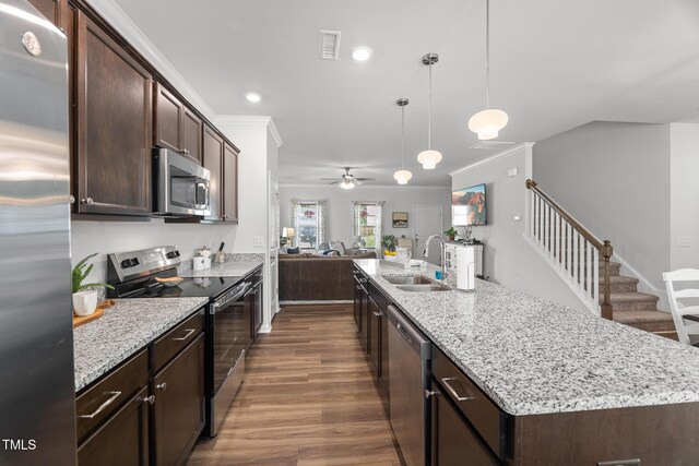 kitchen with a sink, stainless steel appliances, crown molding, dark brown cabinetry, and dark wood finished floors
