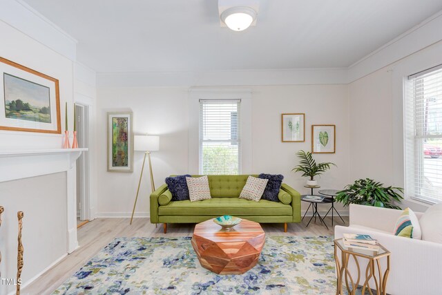 919 Orient St, Durham, NC 27701 - living area featuring baseboards, crown molding, and wood finished floors