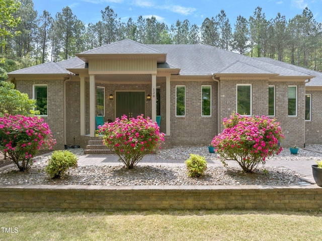 120 Wood Lake Dr, Fuquay Varina, NC 27526 - prairie-style home with roof with shingles, covered porch, and brick siding
