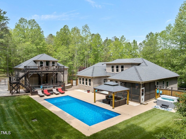 120 Wood Lake Dr, Fuquay Varina, NC 27526 - back of house with outdoor lounge area, stairs, a patio, a gazebo, and a hot tub