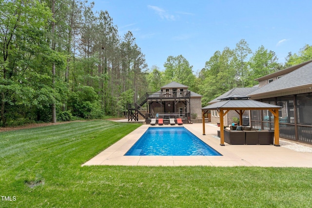 120 Wood Lake Dr, Fuquay Varina, NC 27526 - outdoor pool with stairway, an outdoor living space, a patio, and a gazebo