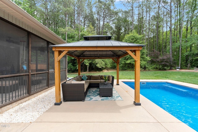 120 Wood Lake Dr, Fuquay Varina, NC 27526 - pool with an outdoor living space, a sunroom, a gazebo, and a patio