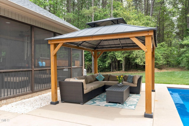 120 Wood Lake Dr, Fuquay Varina, NC 27526 - view of patio / terrace with a gazebo, an outdoor pool, a sunroom, and outdoor lounge area