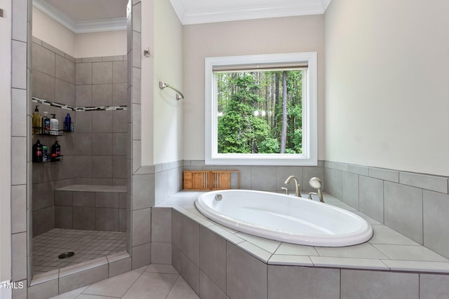120 Wood Lake Dr, Fuquay Varina, NC 27526 - full bathroom featuring a garden tub, crown molding, and tiled shower