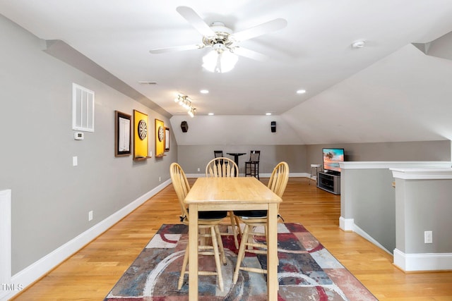 120 Wood Lake Dr, Fuquay Varina, NC 27526 - dining room with light wood finished floors, baseboards, a ceiling fan, and visible vents