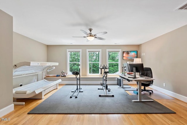120 Wood Lake Dr, Fuquay Varina, NC 27526 - workout room with wood finished floors, baseboards, and ceiling fan