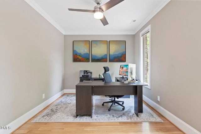 120 Wood Lake Dr, Fuquay Varina, NC 27526 - office area featuring ceiling fan, baseboards, ornamental molding, and wood finished floors