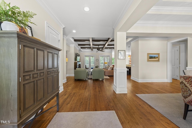 entrance foyer featuring decorative columns, baseboards, coffered ceiling, recessed lighting, and dark wood-type flooring