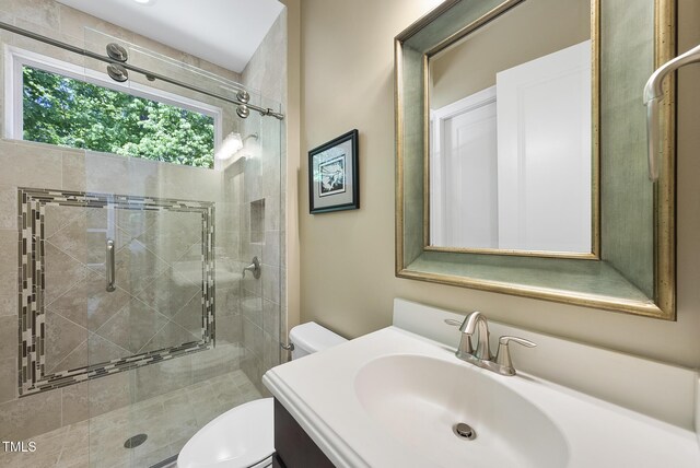 full bath featuring vanity, toilet, and a stall shower