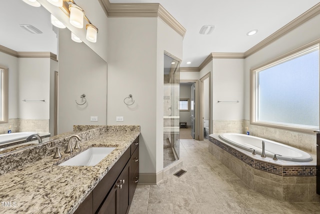 bathroom featuring visible vents, ornamental molding, a wealth of natural light, and vanity