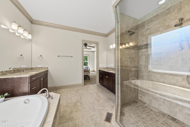 bathroom featuring crown molding, vanity, a garden tub, and tiled shower