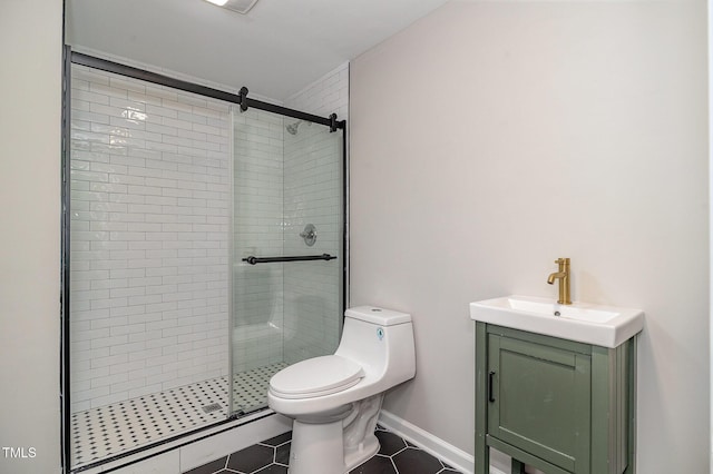 full bathroom featuring tile patterned flooring, a stall shower, and toilet