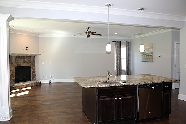 5004 Clowser Minnow Ct, Wake Forest, NC 27587 - kitchen featuring dishwasher, ceiling fan, dark wood-type flooring, a stone fireplace, and light stone counters