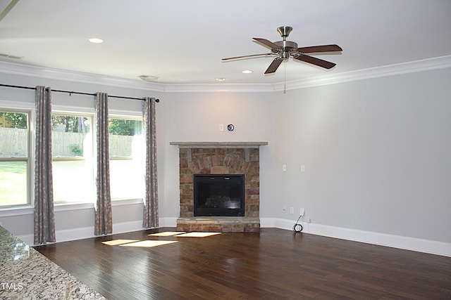 5004 Clowser Minnow Ct, Wake Forest, NC 27587 - unfurnished living room with wood finished floors, crown molding, a fireplace, ceiling fan, and recessed lighting