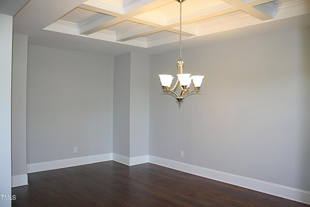 5004 Clowser Minnow Ct, Wake Forest, NC 27587 - unfurnished room featuring coffered ceiling, dark wood-type flooring, a chandelier, beam ceiling, and crown molding