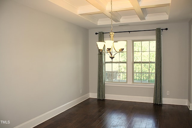 5004 Clowser Minnow Ct, Wake Forest, NC 27587 - spare room featuring coffered ceiling, a chandelier, beam ceiling, dark wood-style floors, and crown molding