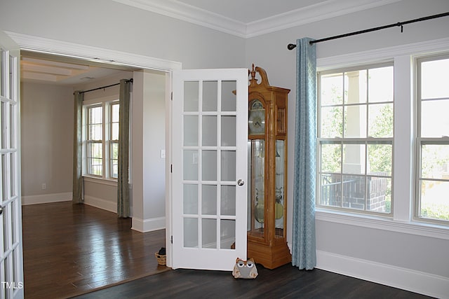 5004 Clowser Minnow Ct, Wake Forest, NC 27587 - empty room featuring plenty of natural light, dark wood-style floors, ornamental molding, and french doors