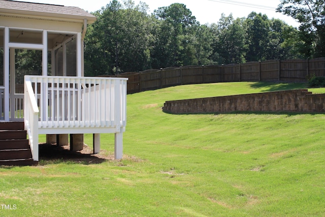 5004 Clowser Minnow Ct, Wake Forest, NC 27587 - fenced backyard featuring a wooden deck and a sunroom