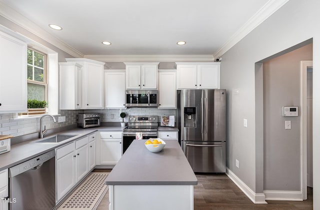 1209 Shasta Daisy Dr, Wake Forest, NC 27587 - kitchen featuring stainless steel appliances, a sink, white cabinetry, tasteful backsplash, and ornamental molding
