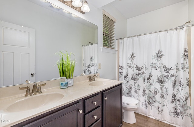 1209 Shasta Daisy Dr, Wake Forest, NC 27587 - full bathroom featuring toilet, wood finished floors, double vanity, and a shower with curtain