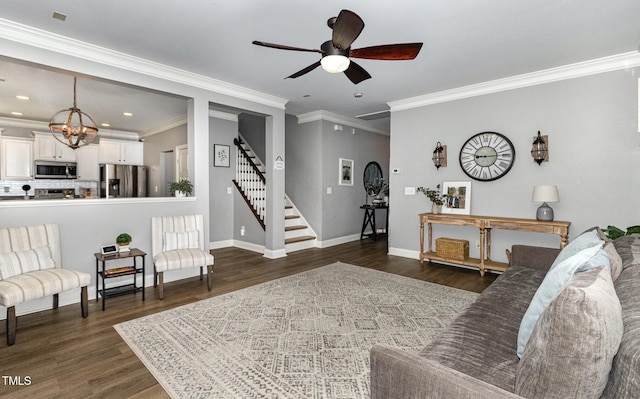 1209 Shasta Daisy Dr, Wake Forest, NC 27587 - living area featuring stairs, dark wood-style floors, a ceiling fan, crown molding, and recessed lighting